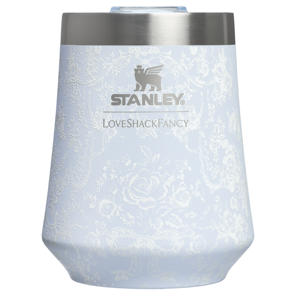 Elegant Stemless Stanley 1913 x LoveShackFancy Holiday Reserve Wine Tumbler D204X - Premium Insulated Egg-Shaped Wine Glass for Outdoors - Toscana Toile Alpine Blue