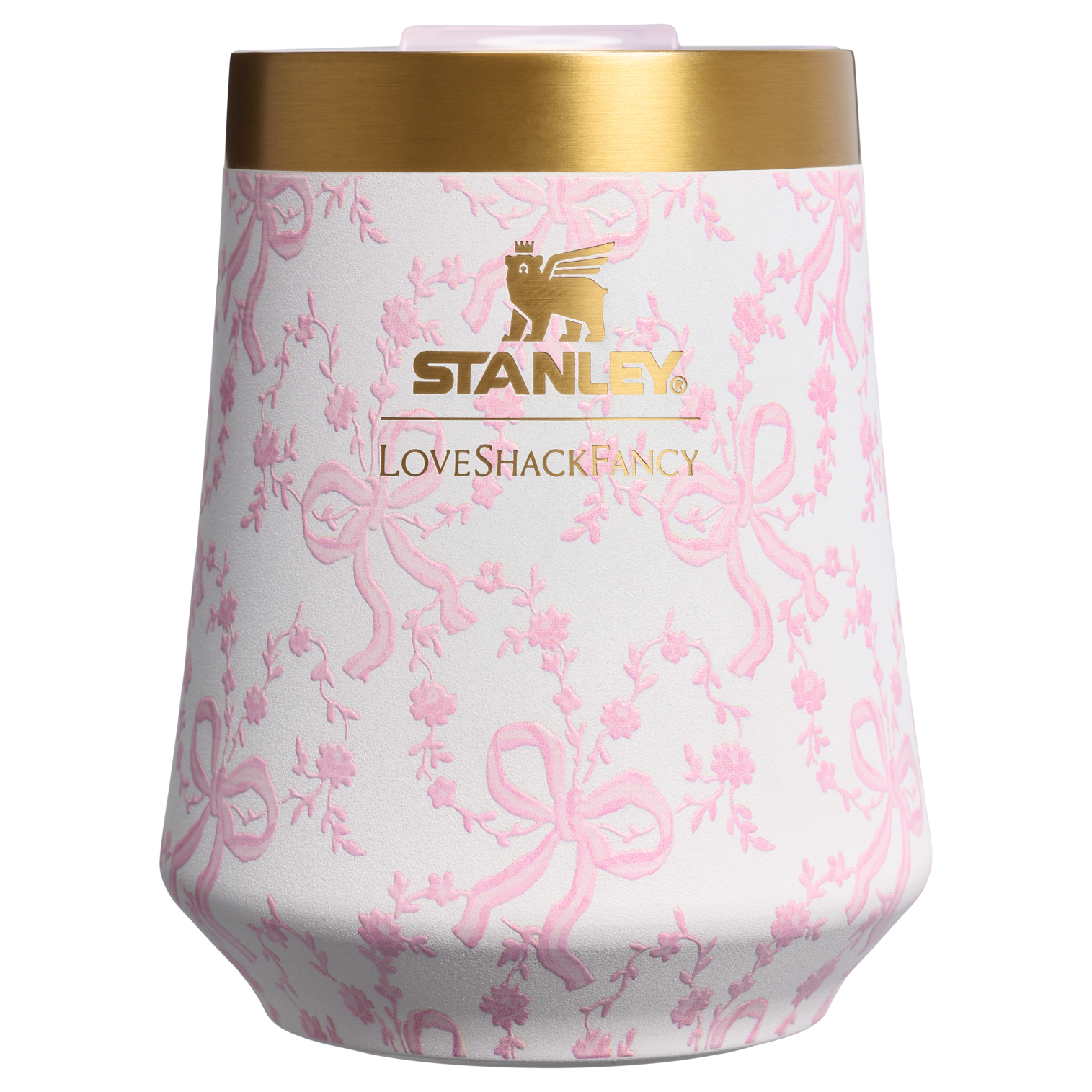 Elegant Stemless Stanley 1913 x LoveShackFancy Holiday Reserve Wine Tumbler D204X - Premium Insulated Egg-Shaped Wine Glass for Outdoors - Coquette Bow Chantilly