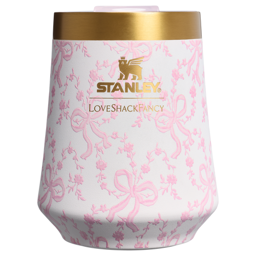 Elegant Stemless Stanley 1913 x LoveShackFancy Holiday Reserve Wine Tumbler D204X - Premium Insulated Egg-Shaped Wine Glass for Outdoors - Coquette Bow Chantilly